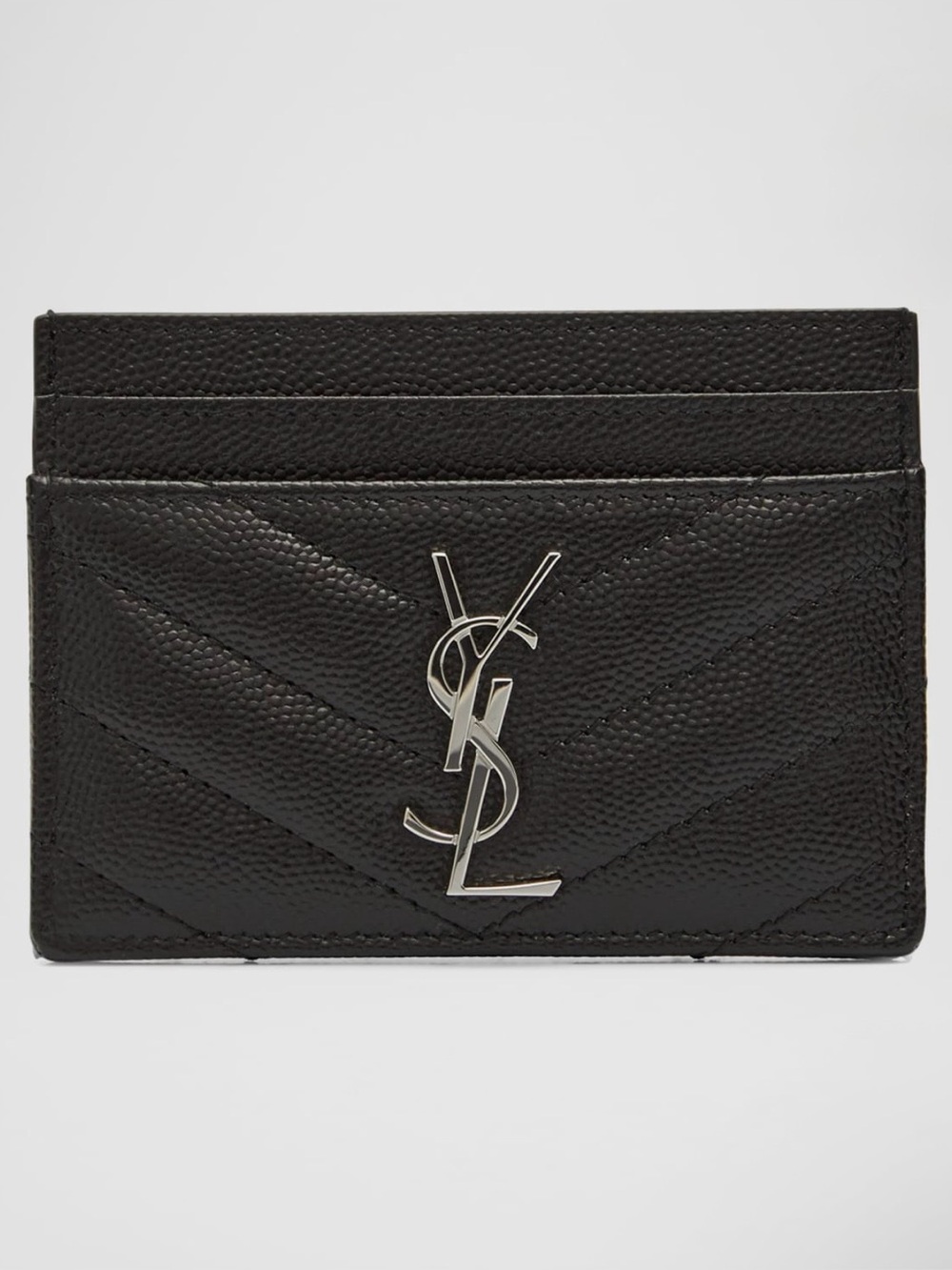 YSL Cassandre Monogram Card Case in Grained Leather (Silver)